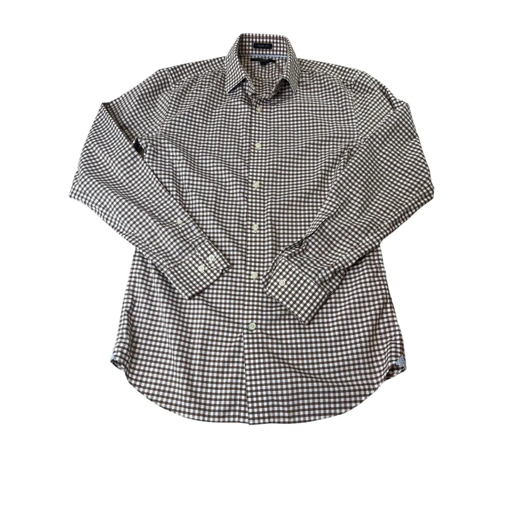 Banana Republic Grant Fit Shirt Mens Small Brown Gingham Non-Iron Cotton Stretch